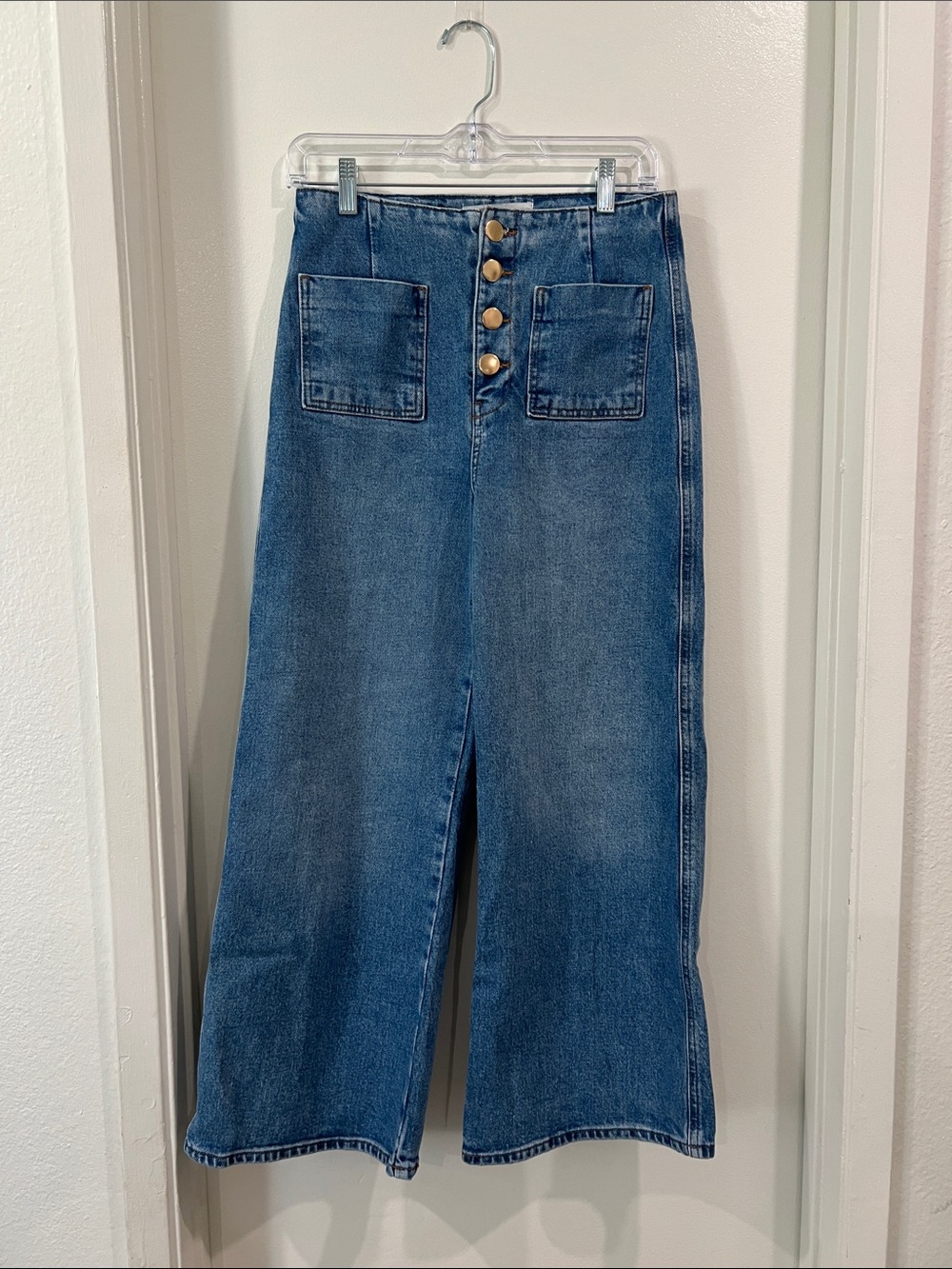Zara Medium Blue High-Rise Wide-Leg Cropped Jeans with Gold Front Buttons Size 4